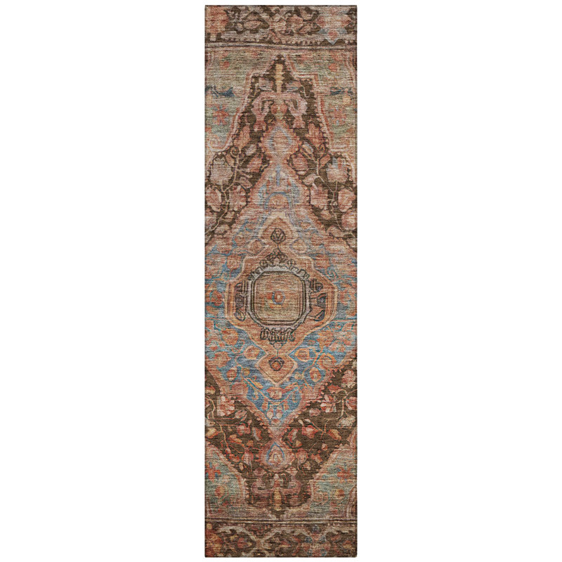 Chocolate Ultra-Thin Washable Synthetic Medallion Rug 2'3" x 7'6"