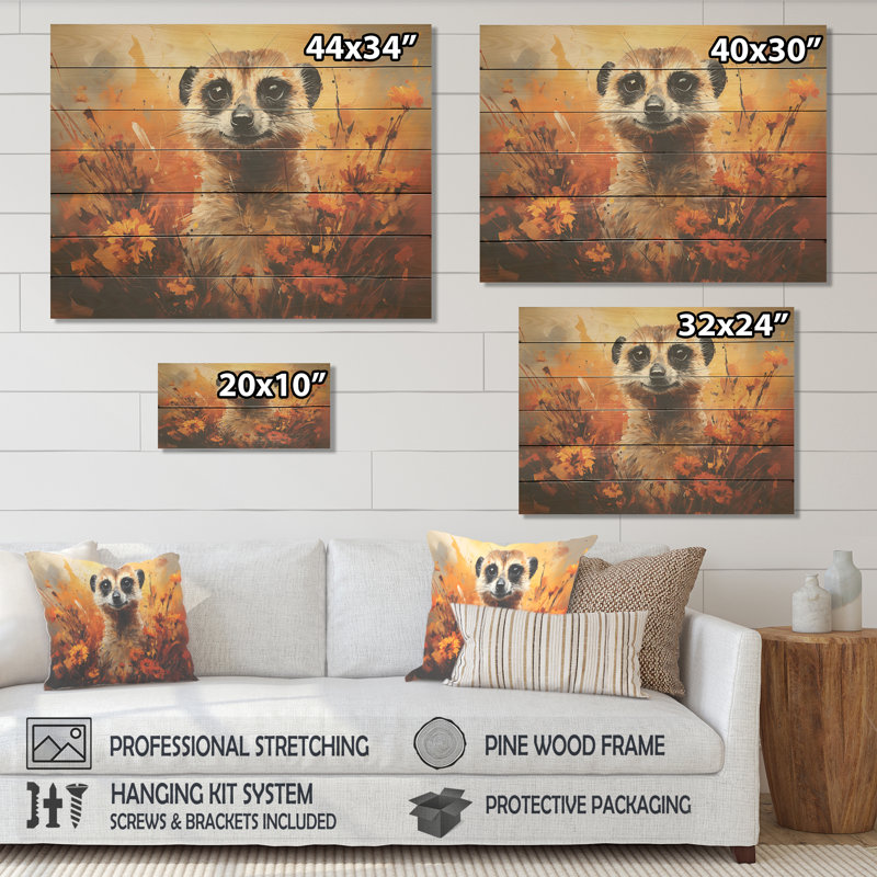 Suricate brun, prairie florale III - impression de suricate sur bois, H 24 po x l 32 po x P 0,78 po