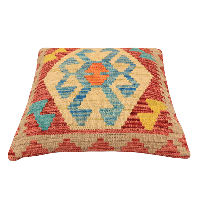 Coussin Boho Chic Hume, H 19 po x l 20 po, Orange / Bleu / Beige