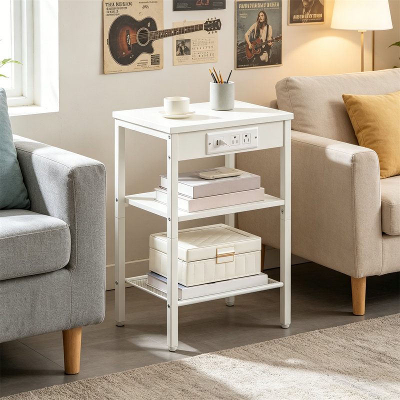 Table d'appoint avec station de charge, table de chevet à 3 niveaux avec tablette réglable, blanc