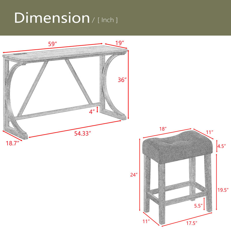 Ensemble de table de bar avec prise de courant, ensemble de table de bar et de chaises, ensemble de table de salle à manger 4 pièces, ensemble de table de petit-déjeuner industriel