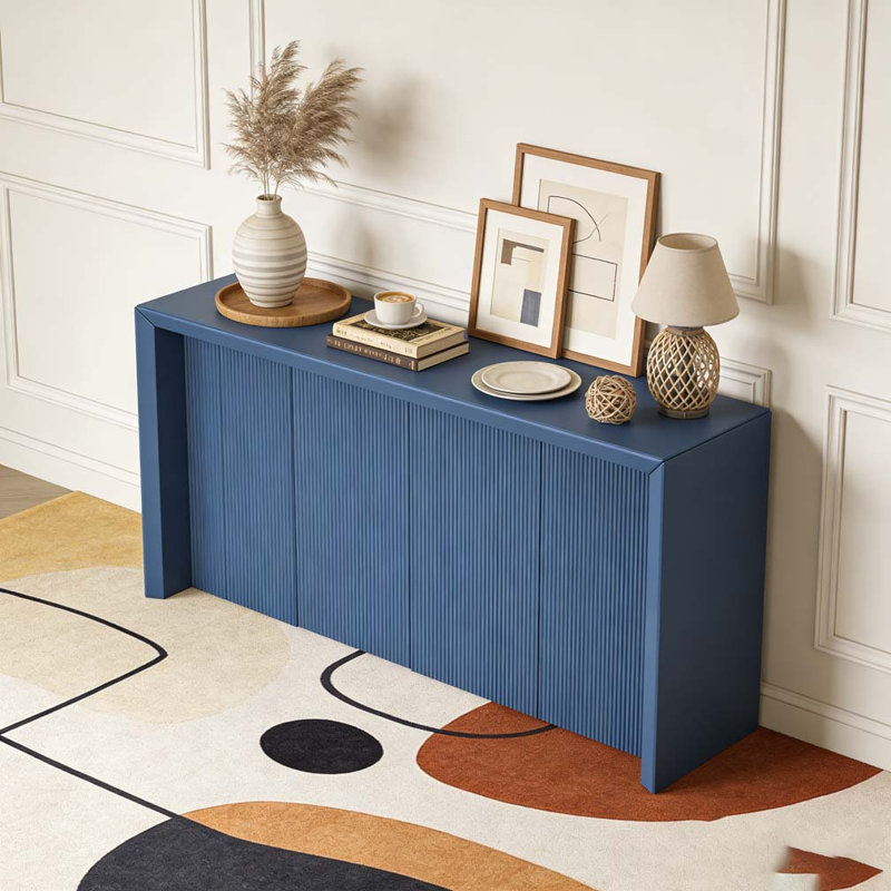 Wood Veneer Simple Entryway Table with Wavy Design, Navy Blue