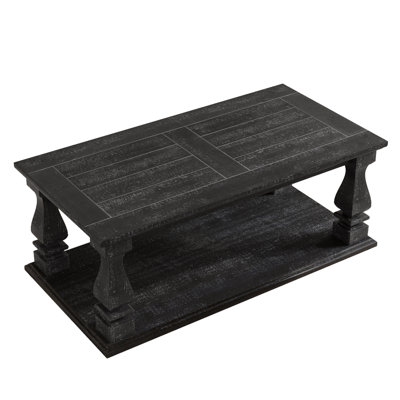 47.24" Weathered Black Farmhouse Coffee Table with Heavy Planked Top & Square Baluster Legs - Rustic Living Room Table with Storage Shelf