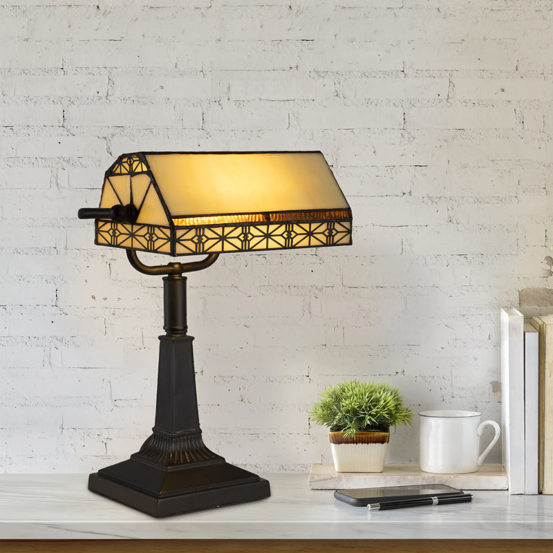 Charlton Home Tiffany-Style Bankers Lamp - Vintage-Looking Mission-Style Table or Desk LED Light with Stained Glass Shade