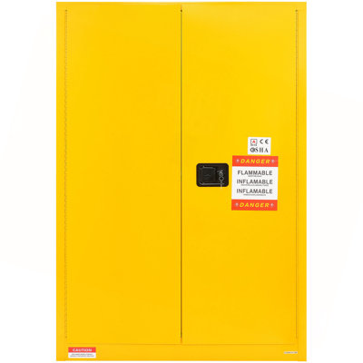 Armoire de sécurité pour liquides inflammables en acier laminé à froid 45 gallons, antidéflagrant 42,9 x 18,1 x 65,2 po avec 2 tablettes réglables et 2 portes manuelles à usage industriel, jaune