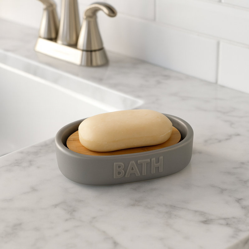 Distributeur de savon à vaisselle avec plateau en bambou Bath D Dolomite, Gris / bambou