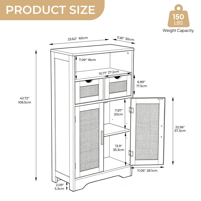 Armoire de rangement en bois avec portes en rotin avec 2 tiroirs et tablettes réglables, Wooden