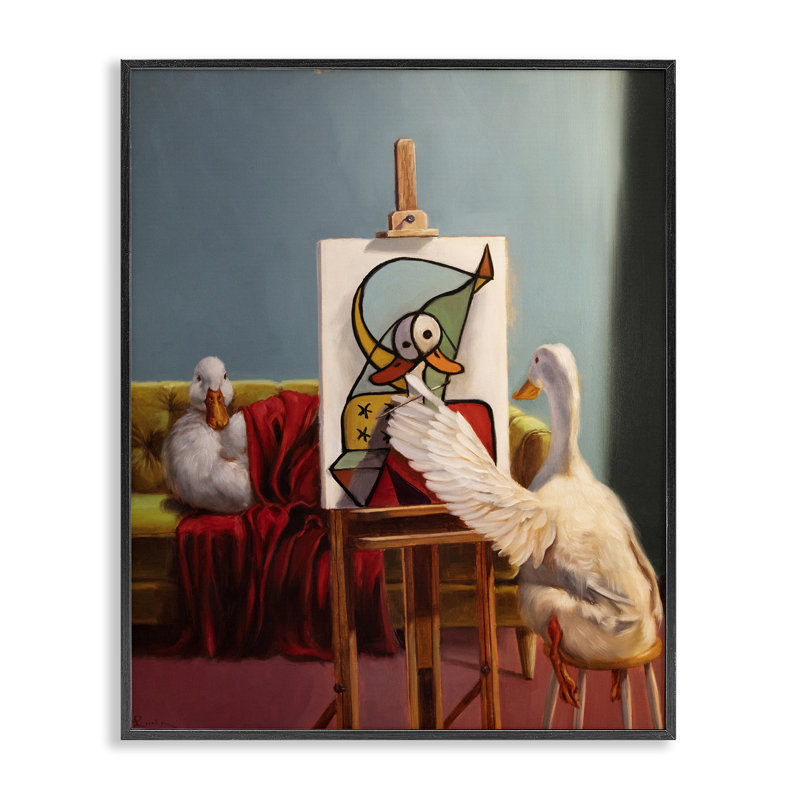 Duckcasso, peintre rigolo, giclée encadrée, design par Lucia Heffernan, H 14 po x l 11 po, Giclée encadrée noir minuit