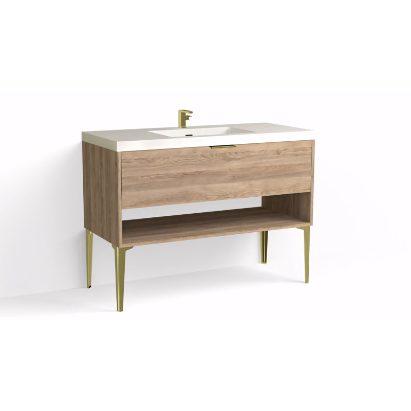 Modo 48" W Freestanding Single Bathroom Vanity with Dean Leg, Glossy White/Single, Nocino, Satin Brass