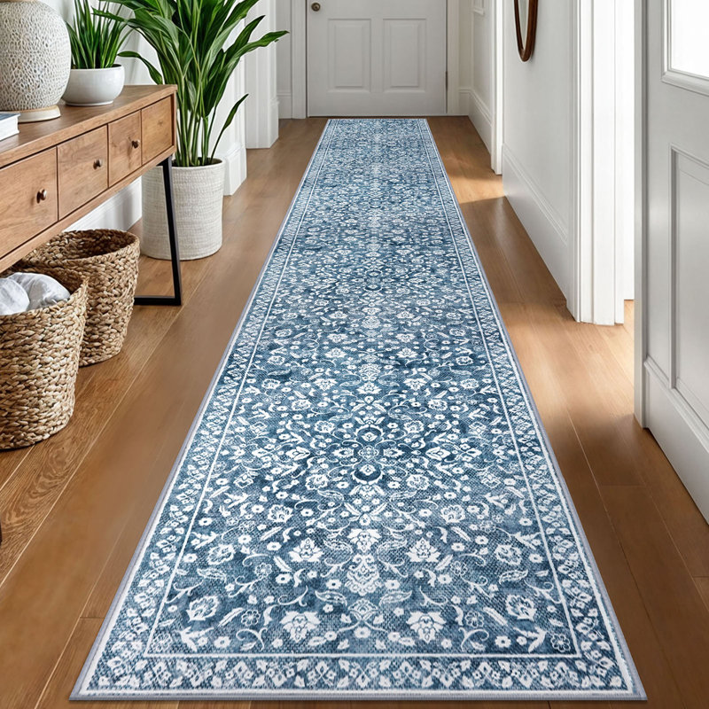 Blue Machine Washable Rugs for Bedroom Non-Slip Low Pile Throw Rugs with Rubber Backing Washable Carpet, Runner 2' x 12'