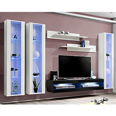 120" Modern Floating Wall Mounted Entertainment Center with 16-Color LED Lighting, High Gloss Finish