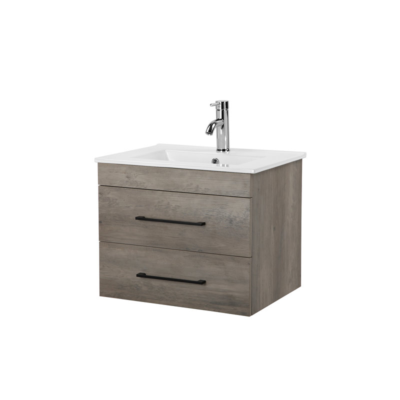 Meuble-lavabo mural en bois avec tiroirs doubles, système de fermeture en douceur, lavabo en céramique - créez un espace de salle de bain moderne et minimaliste!