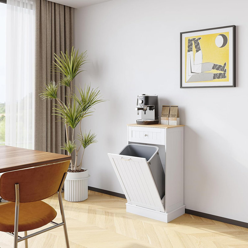 Armoire à poubelle inclinable avec tiroir caché et planche à découper 10 gallons - Support de cuisine autoportant pour les déchets et le recyclage sans animaux, blanc