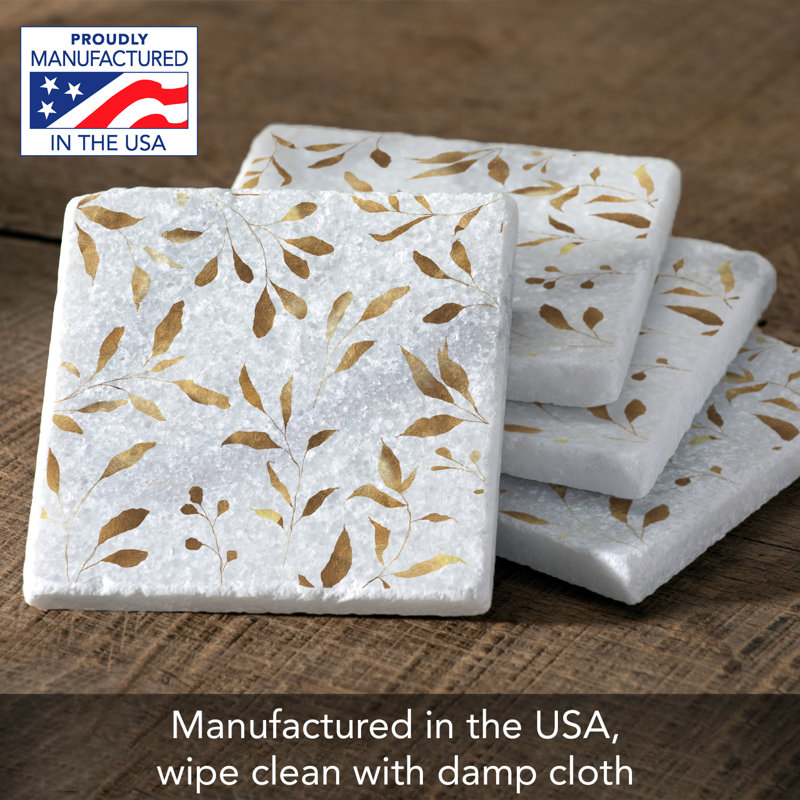 Gilded Vine Natural Marble Square Coaster Set with Cork Backing