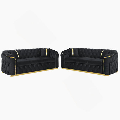 2PCS 90.6 Inches Velvet Button Tufted Sofa Couch With 2 Pillows, 3 Seater Luxury Chesterfield Sofa Set With Gold Stainless Steel Accents For Living Room, 280G Italian Velvet Black