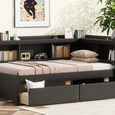 Lit simple en forme de L avec bibliothèques avec prises de courant, ports de chargement USB, deux tiroirs, espresso