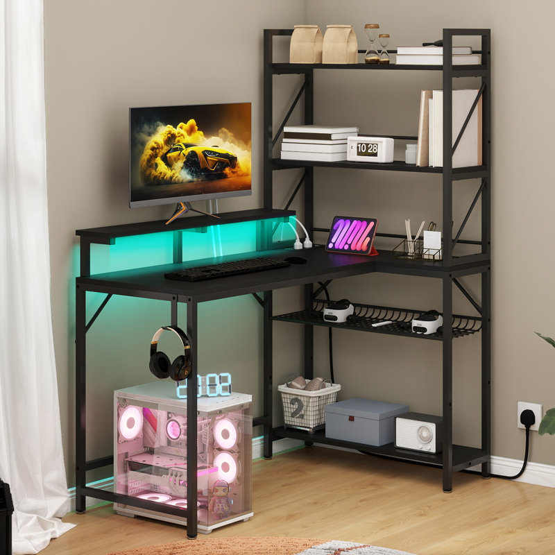 Darnecia L-Shaped Computer Desk with Power Outlet, Black