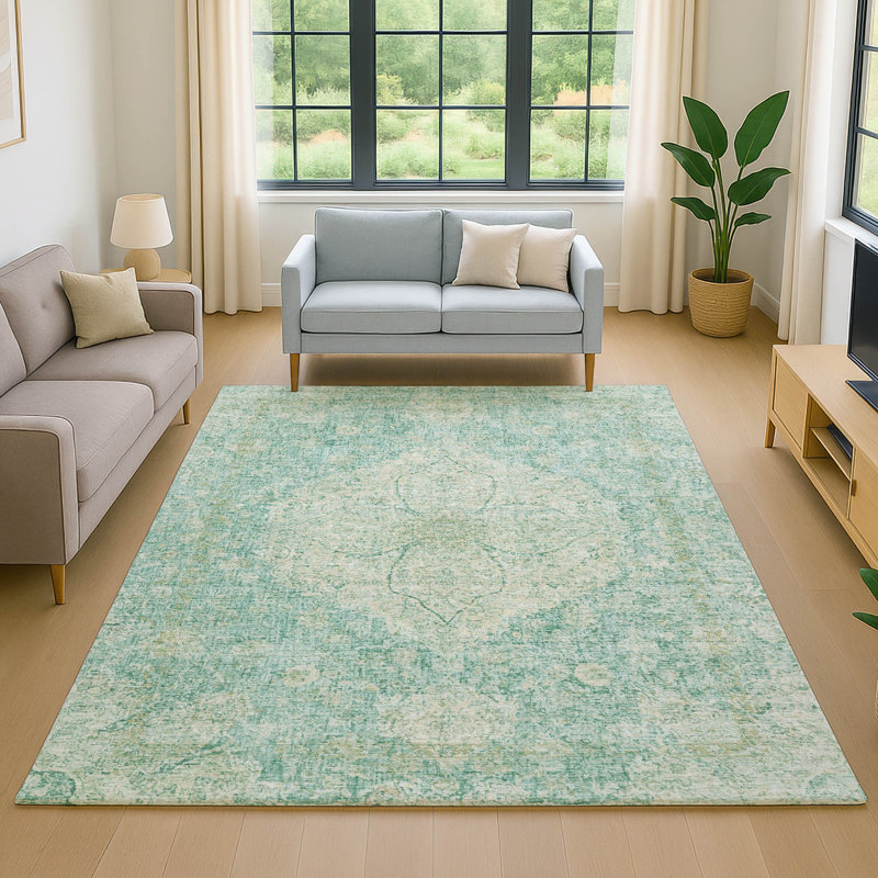Premium Machine Washable Mayfield AMF2136 global Rug, Teal, 5' x 7'6"