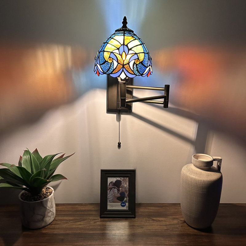 Tiffany Sconce Lamp Swing Arm Stained Glass Pull Chain Switch LED Bulb 13”W*8”D*15”H, Blue/Yellow