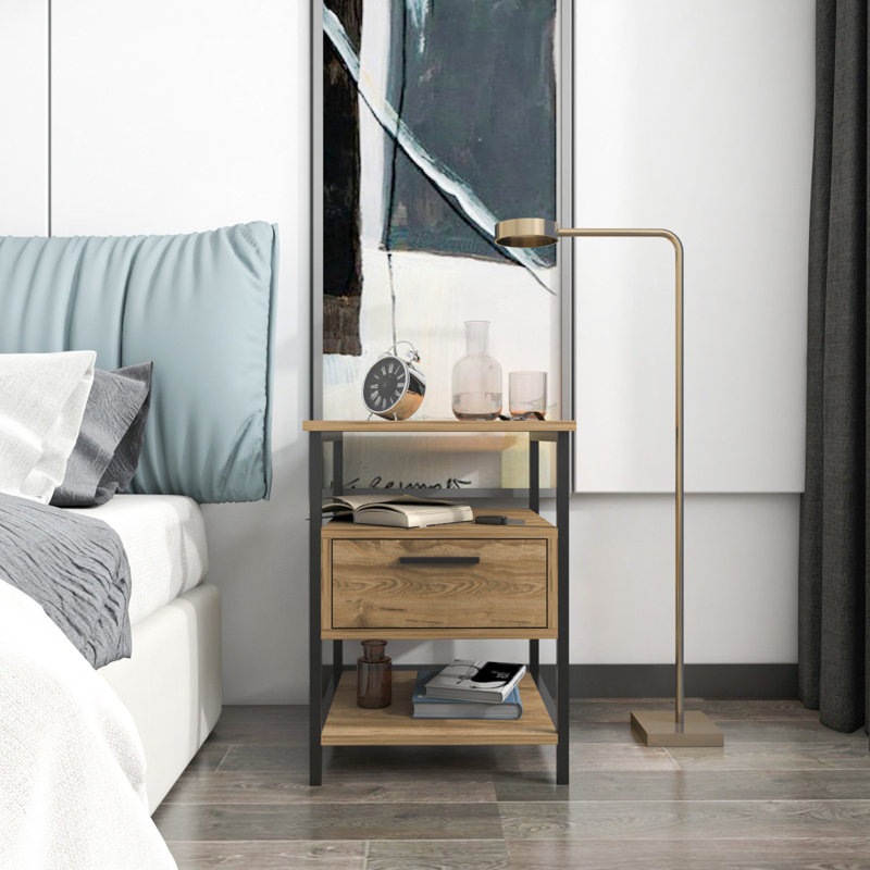 Table de chevet moderne avec finition noire et chêne, 17,7 x 17,7 x 24,3 pouces | 100% panneau de particules enduit de mélamine, épaisseur: 0,7 pouce | Conception élégante et fonctionnelle pour la chambre à coucher ou le salon, concept industriel