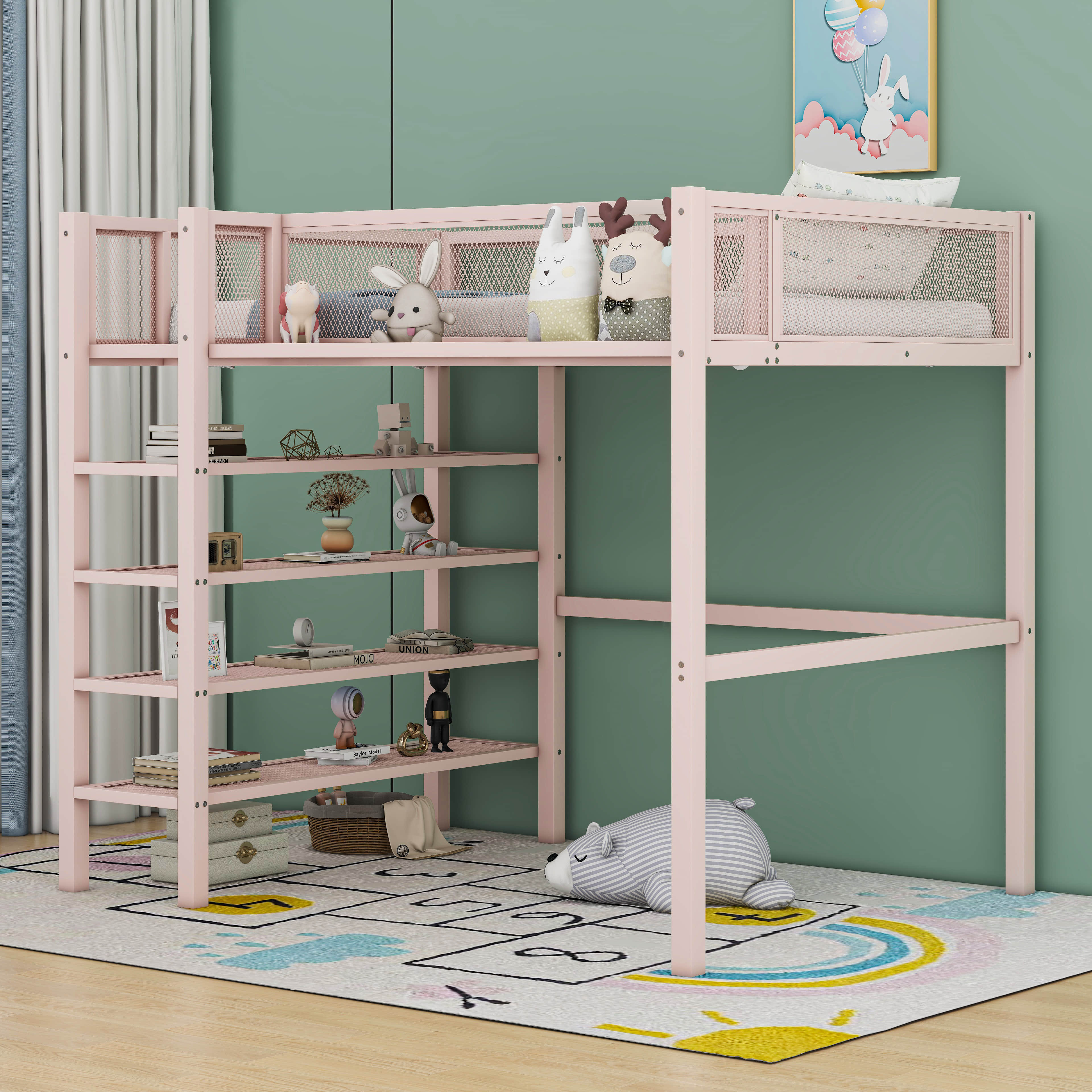 Cosmic Twin Size Metal Loft Bed with 4-Tier Shelves and Storage ...