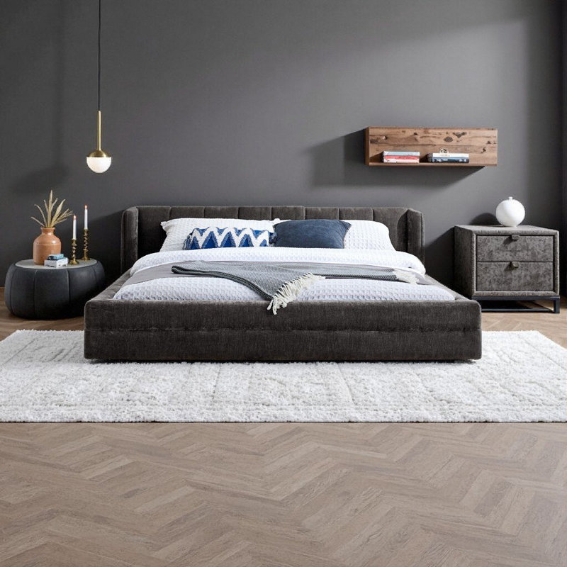 Grand lit plateforme moderne moelleux avec tête de lit en chenille douce - gris foncé (87 x 67 pouces)