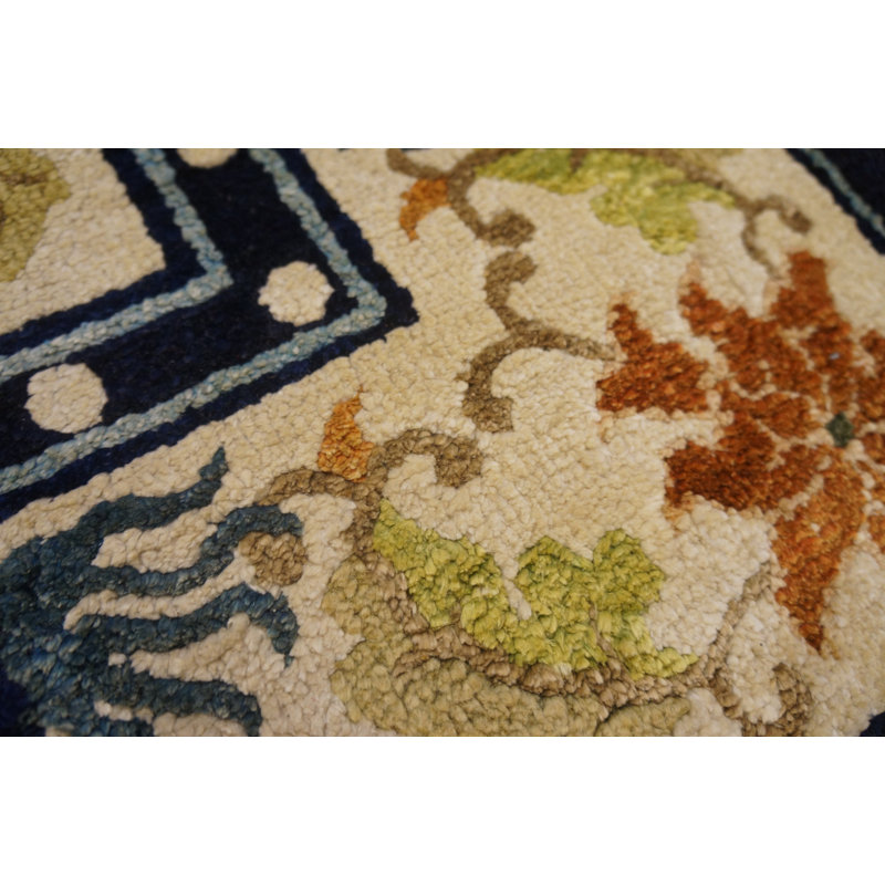 Light Ivory Color Antique Silk Pile Chinese Foo Dog Design Area Rug
