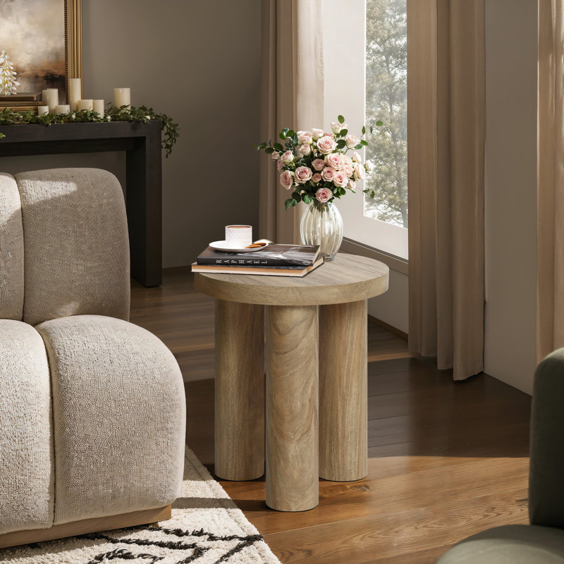 Table d'appoint ronde en bois manufacturé à finition chêne avec 3 pieds