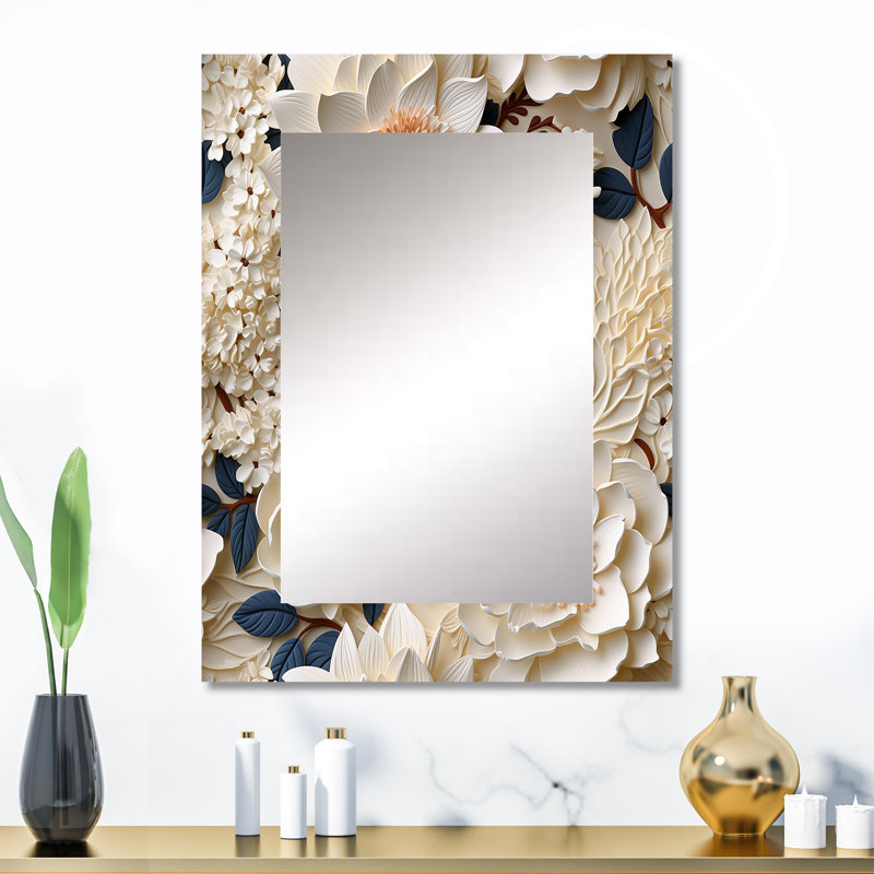 Burwan crème dentelle botanique - miroir floral, miroir mural floral unique, impression d'art en métal, 32 po x 24 po