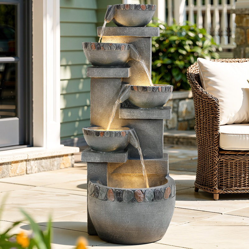 33" Modern 4-Tier Water Fountain with LED Lights, Resin Pebble Tabletop Cascading Waterfall Decor, Weather-Resistant Outdoor Feature
