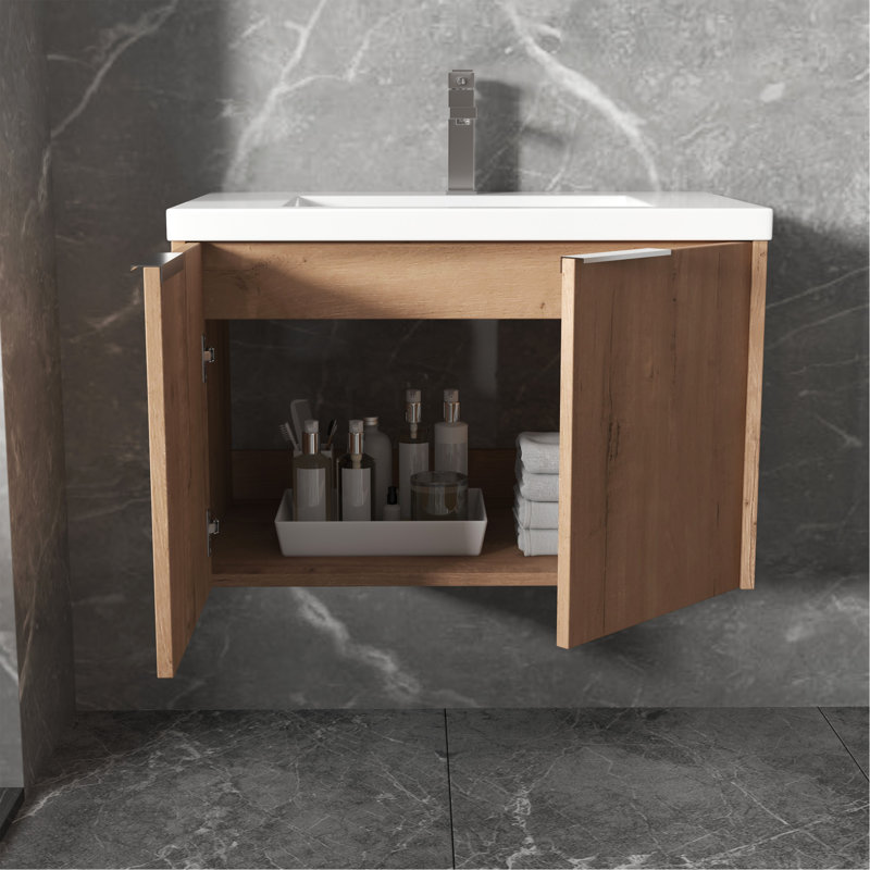 Meuble-lavabo à fermeture en douceur avec lavabo et grand espace de rangement, Chêne