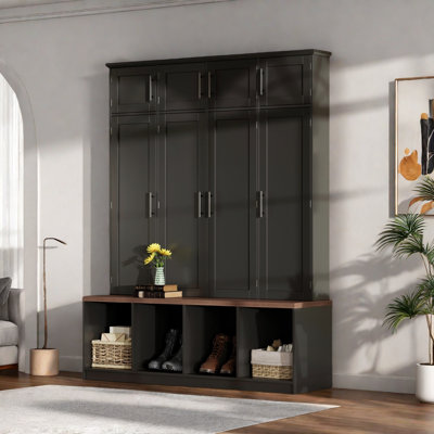 Farmhouse Hall Tree With 4 Hidden Hanging Hooks, 8 Doors, Seating Bench And Shoe Cabinet by Red Barrel Studio