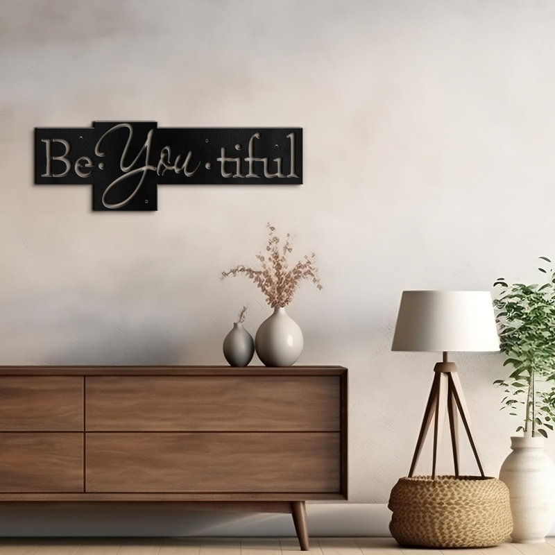 Be You Be Beautiful - Inspirational Text Words Wall Sculpture Black Gold Metal Wall Decor Accent, 6" H x 20" W x 0.05" D