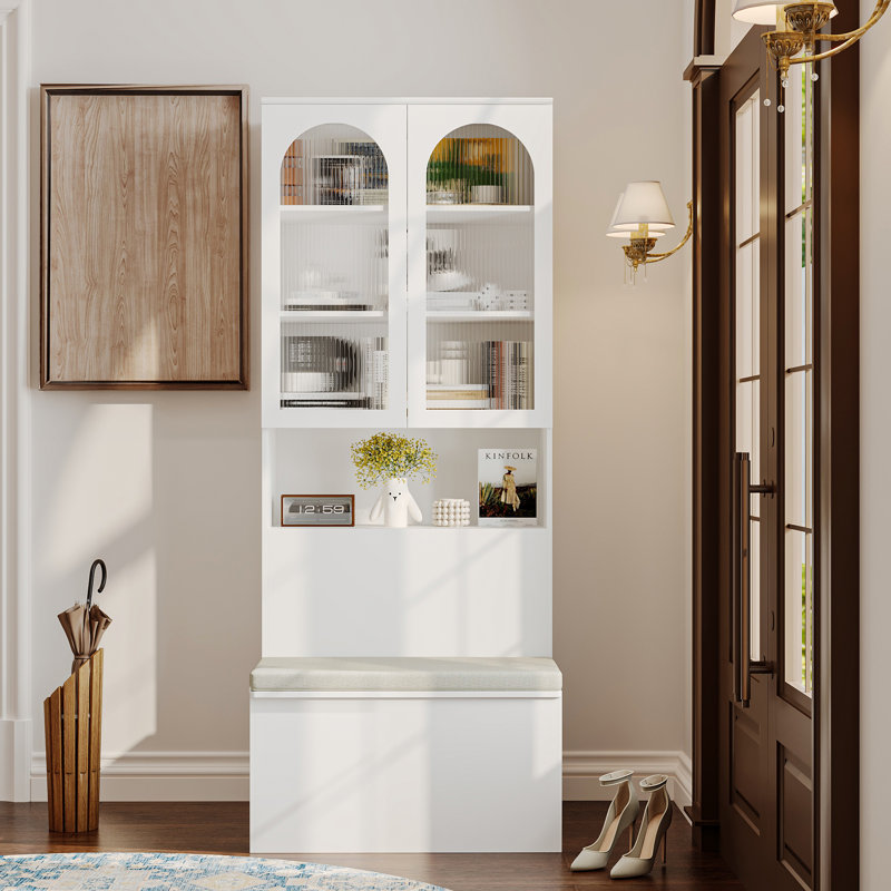 78.7" H Bookcase Storage Cabinet With Glass Doors & Flip-Top Reading Bench