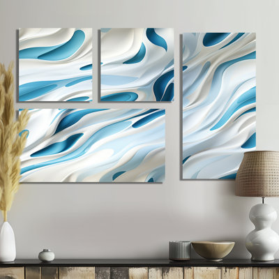 «Blue and White Snowy Serenity - Crème», reproduction d'art moderne sur toile 4 pièces