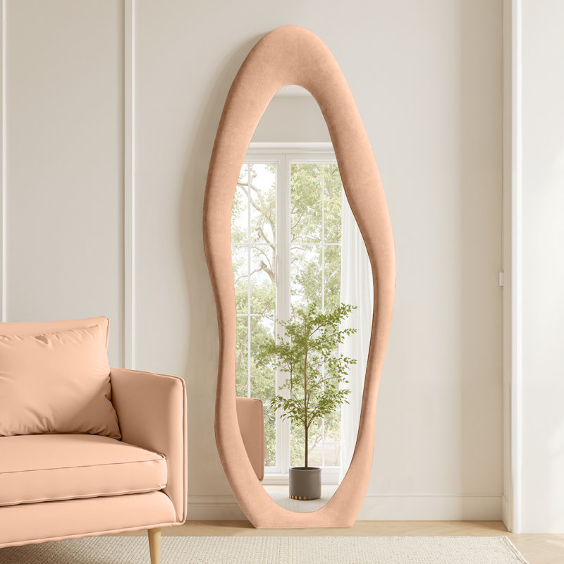Farkhan Manufactured Wood Wavy Floor Mirror, 63" x 24", Milk Tea