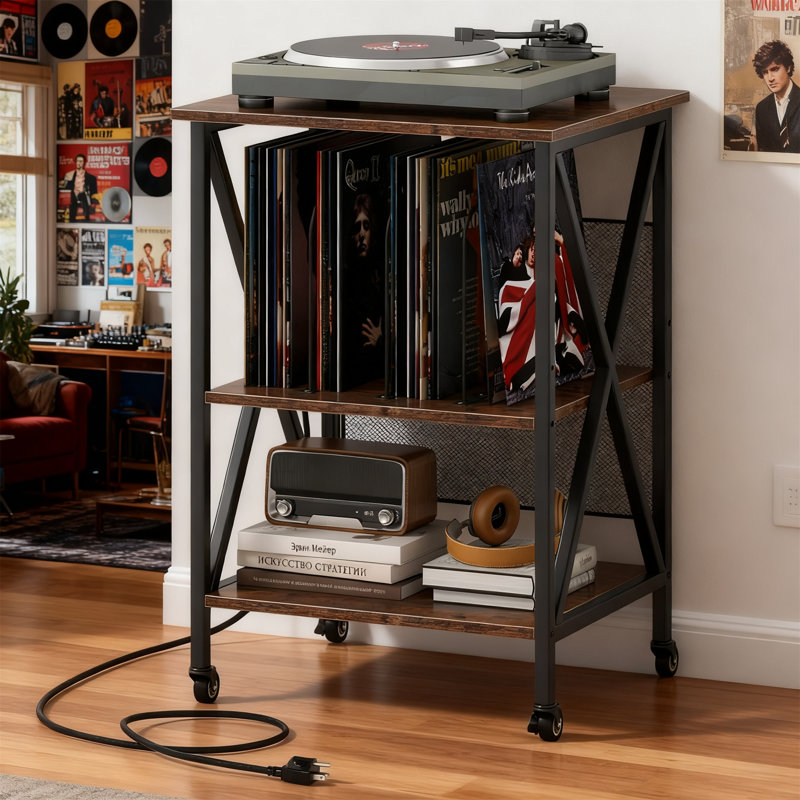 Record Player Stand With Charging Station, Holds 250 Albums, Dark Brown