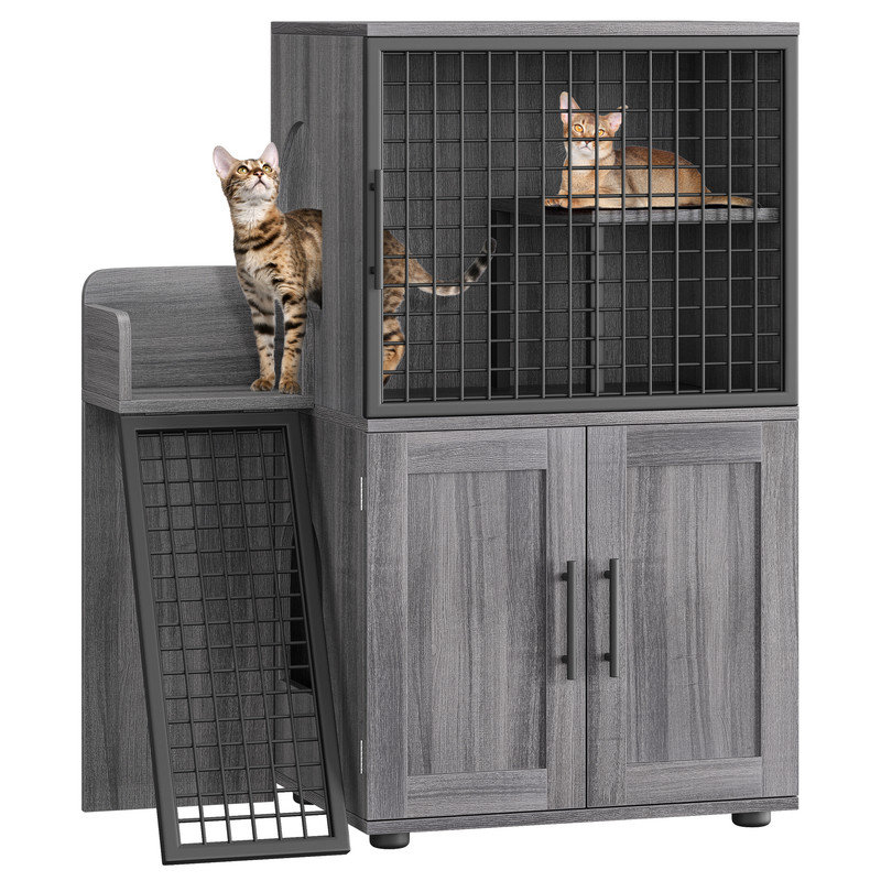 Modern Cat Litter Box Enclosure Furniture with Platform, 41.9" Double Layer Hidden Cat House with Ladder, Indoor Washroom Villa Cabinet for Large Cats