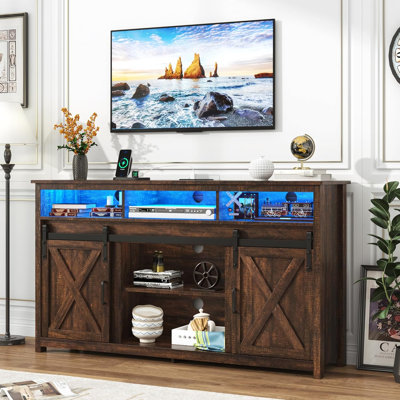 57” Wooden Farmhouse TV Stand for 60/65 inch TV,Double Layer Storage Entertainment Center TV Console Table,w Double-Row Sockets and 2 Sliding Barn Door,Media Cable Box
