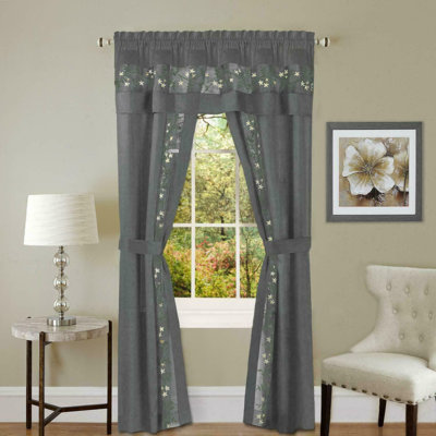 Kate Aurora Complete 5 Piece Embroidered Floral Window Curtain Set with Sheer Panels