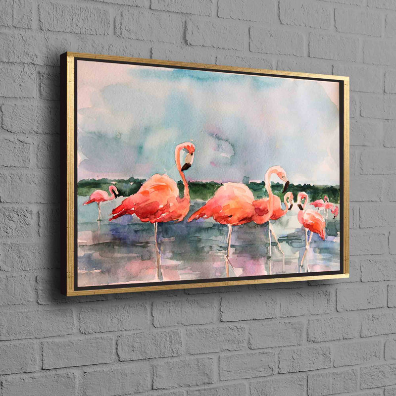 Art abstrait aquarelle flamant rose imprimé sur toile pour une touche de décor tropical, H 45 po x l 65 po, Doré