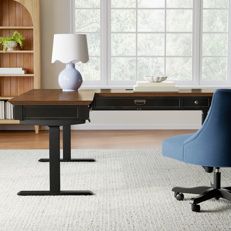 Emelia Adjustable Height L-Shaped Standing Desk, Black/Brown