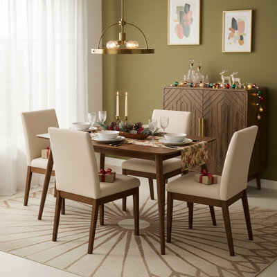 Ensemble de salle à manger 6 pièces avec table rectangulaire en bois, 4 chaises rembourrées et armoire de rangement en noyer