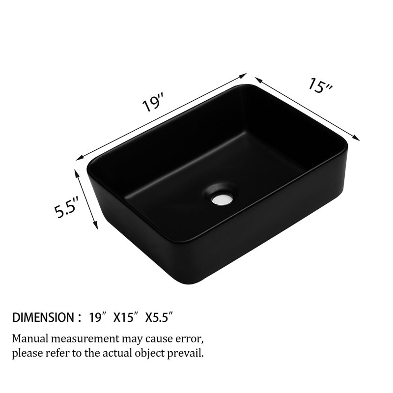 Lavabo de salle de bain vasque rectangulaire en céramique Ulibarri 19 x 15 x 5,5 po - antitache noire, Noir