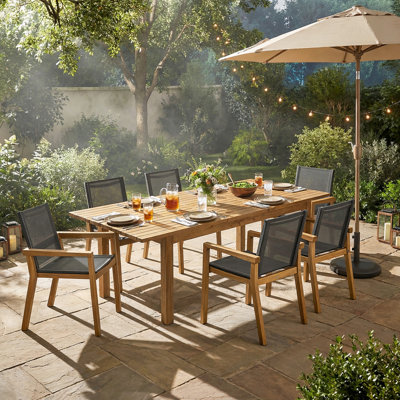 7 pièces de salle à manger d'extérieur en bois pour la terrasse et le jardin, sièges en filet respirant pour 7 terrasses, ergonomique et confortable