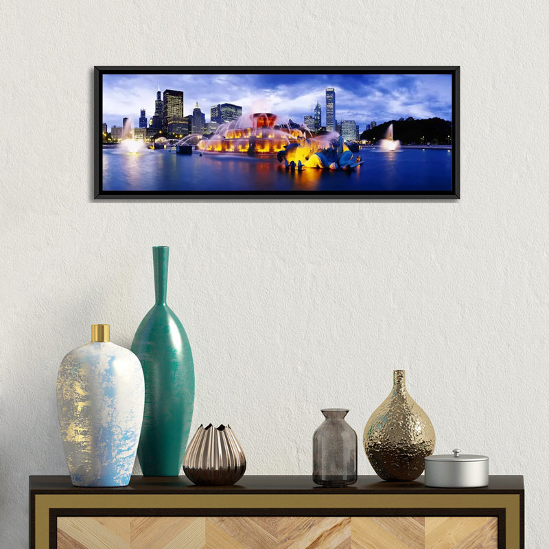 «Panoramic Buckingham Fountain in Grant Park, Chicago, Illinois», reproduction de photo sur toile, Cadre noir