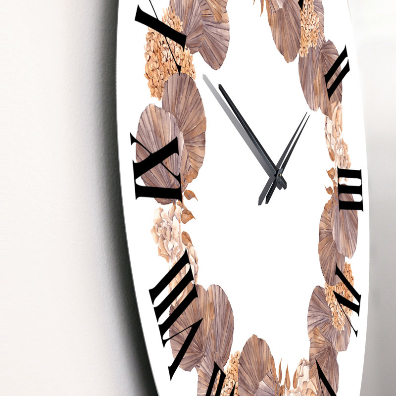 Couronne avec fleurs séchées, feuilles et herbe - Horloge murale traditionnelle, Moyen