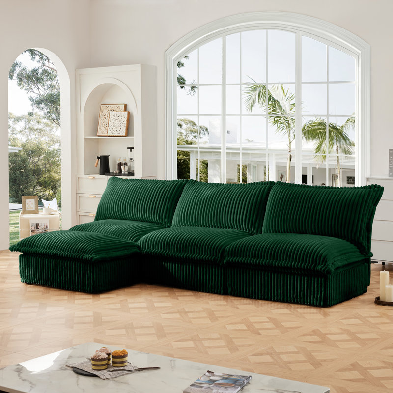 Brooks Modular Armless 3-Seater Sectional Sofa with Removable Ottoman, Velours côtelé vert
