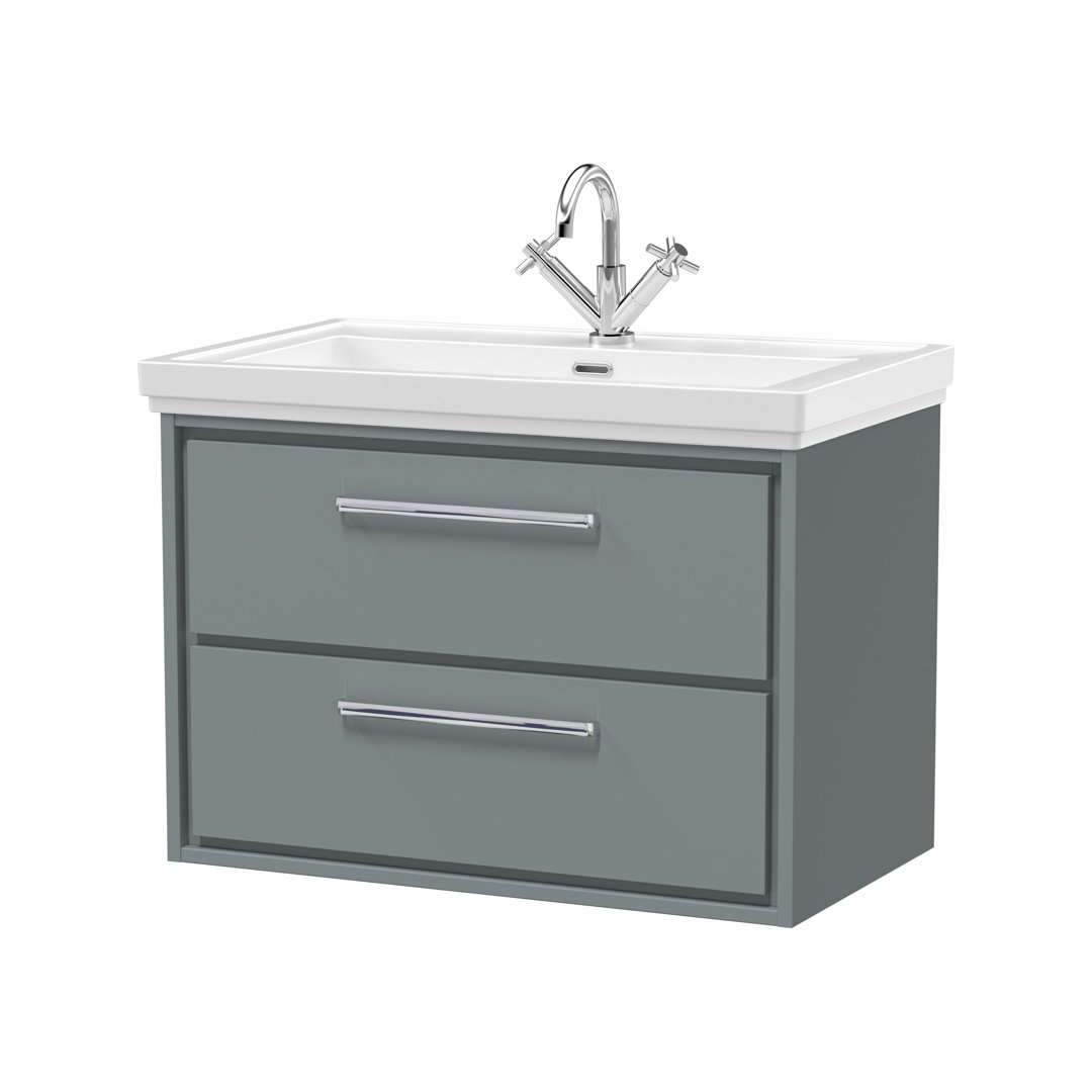 Hudson Reed Lille 600mm Fern Green 2 Drawer Wall Hung Vanity Unit With 1 Tap Hole Fireclay Basin