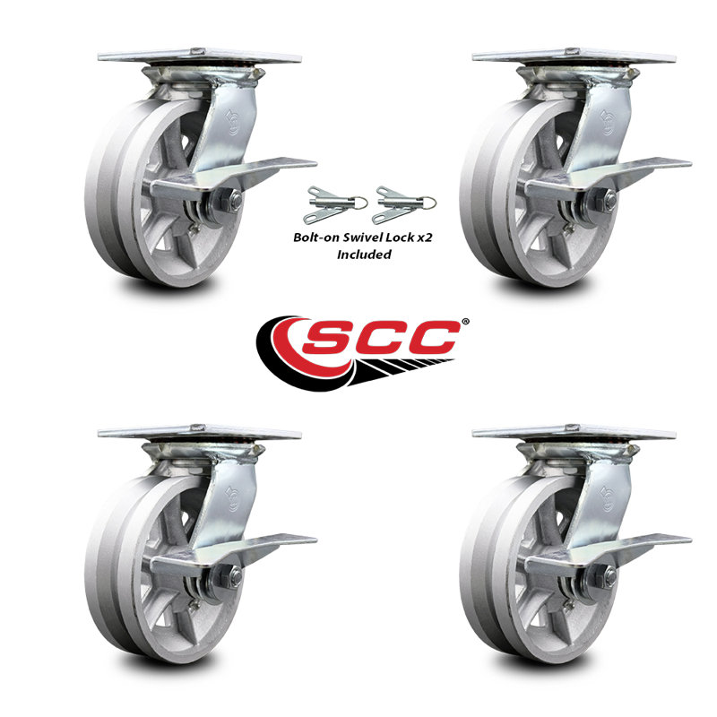 6 Inch V Groove Semi Steel Caster Set with Ball Bearing 4 Brake 2 Swivel Lock